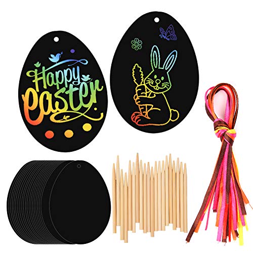 HOWAF 20 Scratch Art para niños, Huevos de Pascua Manualidades para niños Decorar, Creativo Juguete de Pascua para niños, niñas, Fiesta de Regalo de Pascua, con lápiz de Madera, Cinta para Colgar