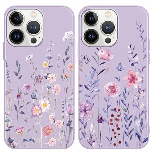 Yoedge 2 × Cover per iPhone 13 Pro 6,1" - Custodia Fiori Fiore Erba Viola per Telefono in Trasparente con Aesthetic Motivi Design, Custodie per Cellulare in Silicone per iPhone 13 Pro Case