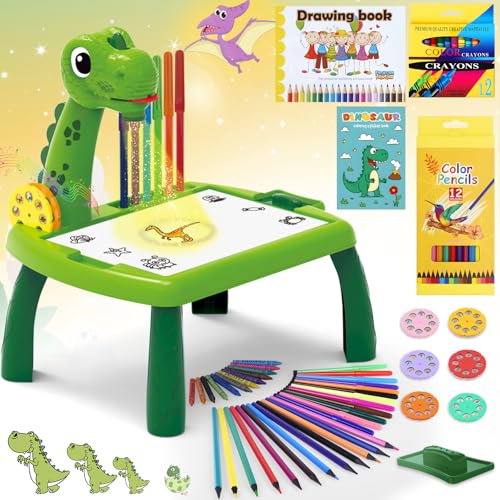 BuzzoXerex Proyector Dibujo Niños, 48 Piezas Mesa Dibujo Proyección Niños con 48 Motivos, Cuaderno de Dibuji, Libro de Pegatinas, Rotuladores de Colores para Niño de 3-10 Años (Verde)