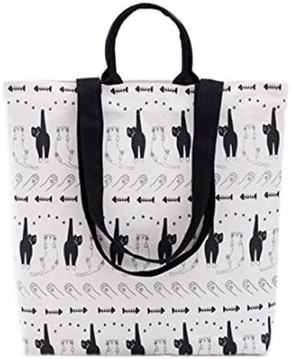 Printed Tote Bag White&Black/Blue Cat Design Reusable Shopping Bag Grocery Bag/Kids Student Shoulder Bag Gift for Cat Lover (B&W) (Cat)