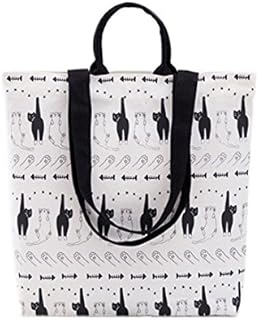 Printed Tote Bag White&Black/Blue Cat Design Reusable Shopping Bag Grocery Bag/Kids Student Shoulder Bag Gift for Cat Lover (B&W) (Cat)
