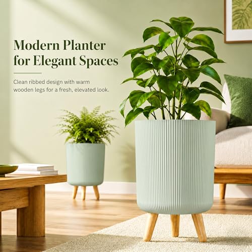 Image of Eightiz Store Modern Light Green Flower Pot with Plastic Legs | Indoor Outdoor Planter for Home Garden Balcony Decor Ribbed Design Sturdy Plastic Mid-Century Style (Light Green, Pack of 2)