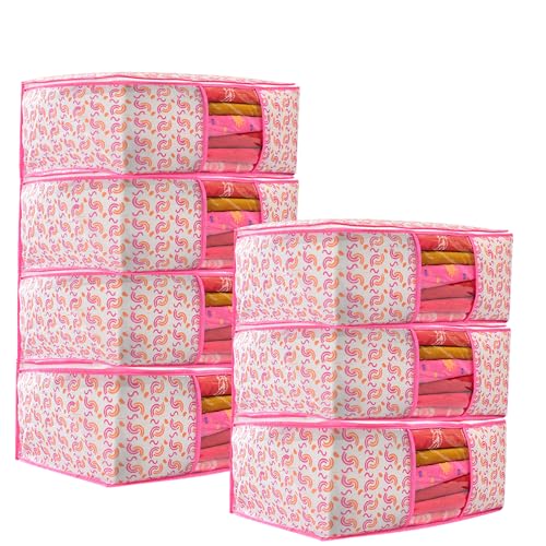 Image of Non-Woven Saree Covers with Zipper & Transparent Window | Clothes Storage Bags for Wardrobe Organization | Dustproof Garment Storage for Sarees, Dresses, and Clothes (Pink, Pack of 7)