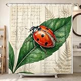 Marienkäfer-Duschvorhang, Natur, Vintage, Blätter, Blume, Frühlingsgrün, waschbar, mit Haken, Badewannentuch, Gardinen, Dekoration für Toilette, Badezimmer, Wohnheim, 183 x 183 cm