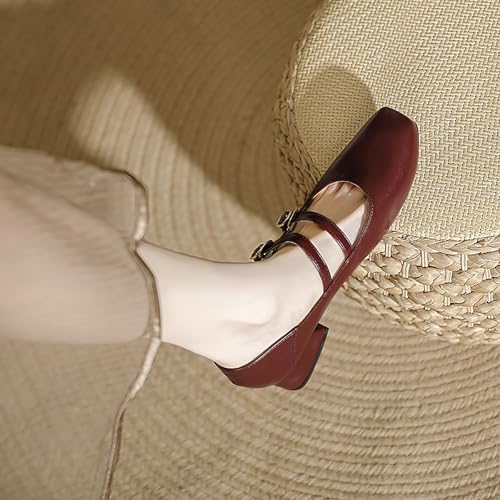 Women's Leather Two Straps Block Heels Mary Jane Shoes Comfort Square Toe Low Heels Pumps Adjustable Buckle Office Work Dressy Shoes2