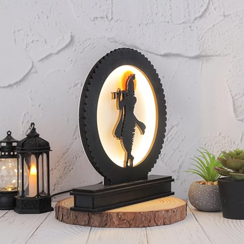 Image of Divine Krishna LED Backlit Lamp 8.25 inch MDF Wood & Acrylic Night Light with Power Adapter Spiritual Home Decor for Wall, Table, Gift Soothing Illumination for Peace & Harmony, Black