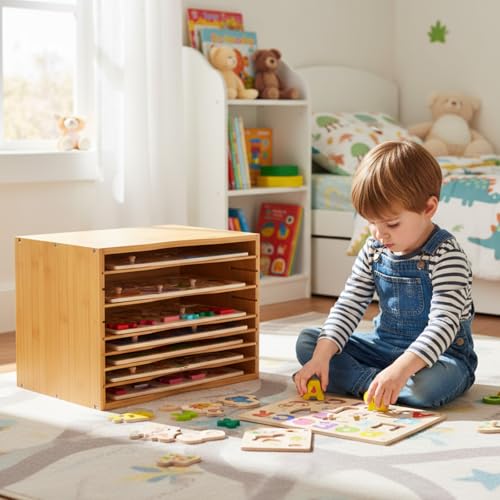 Ripeng 2 Pack Bamboo Puzzle Holder Rack, 7-Tier Adjustable Storage Organizer for Flat and Thick Jigsaw Puzzles, Space Saving Desktop Shelf, Gift for Craft Jigsaw Puzzle Lovers (Natural Wood) by Ripeng - Image 6