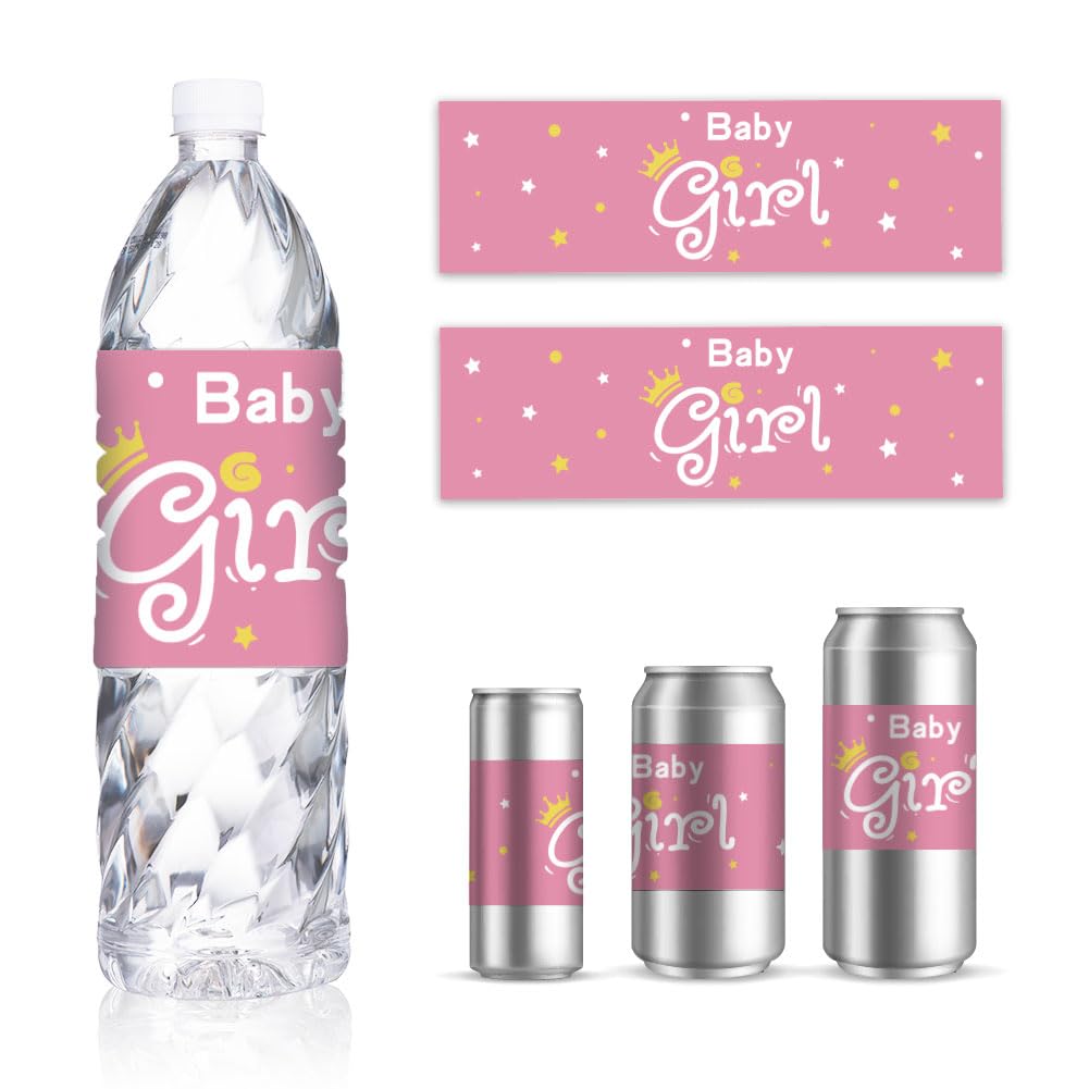 GOMAKERER 30 Sheets Baby Showers Water Bottle Labels, Pink Baby Girl Theme Wraps Sticker for Water Bottle Personalized Baby Shower Party Wedding Drinking Water Bottle Label, 8.5x2.5 Inches