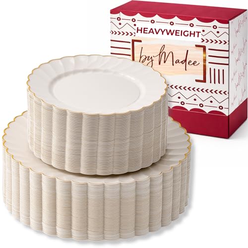 By Madee Heavyweight 100 Pc Ivory And Gold Scalloped Disposable Plates