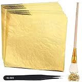 金箔 フェイク 9cm×9cm 100枚入り 模造金箔 ゴールド シート アート 装飾用 静電気防止 非磁性ピンセット付き 筆付き