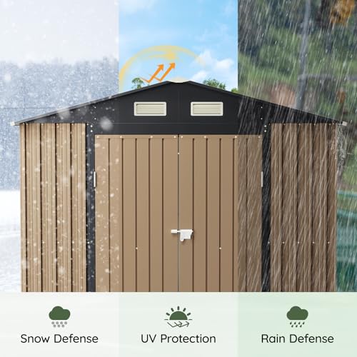 Image of Upgrade 10x8FT Outdoor Metal Storage Shed with Floor Frame, Double Swing Doors,Clear Windows, Tool Shed for Garden, Patio, Backyard Brown