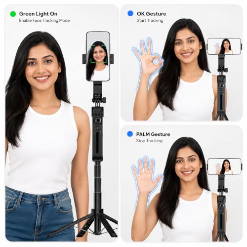 Image of Gismo AI Face Tracking Selfie Stick Tripod with 1800mAh Rechargeable Battery, Bluetooth Remote, 4-Leg Stable Stand, 360 Rotation, Extendable & Foldable Phone Holder for Android, Vlogging, Reels.