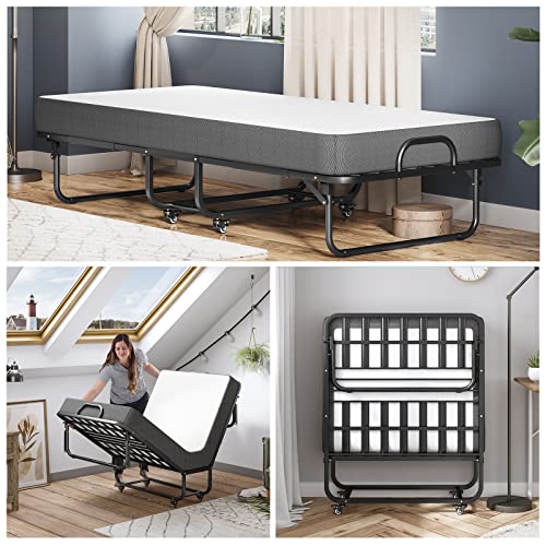 DICTAC Klappbett 90x200cm Erwachsene mit ca.13CM Matratze aus Gedächtnisschaum Gästebett Klappbar Metallrahmen Klappbetten mit Rollen Reisebett Faltbares Metallbett Stabil bis 200 kg belastbar