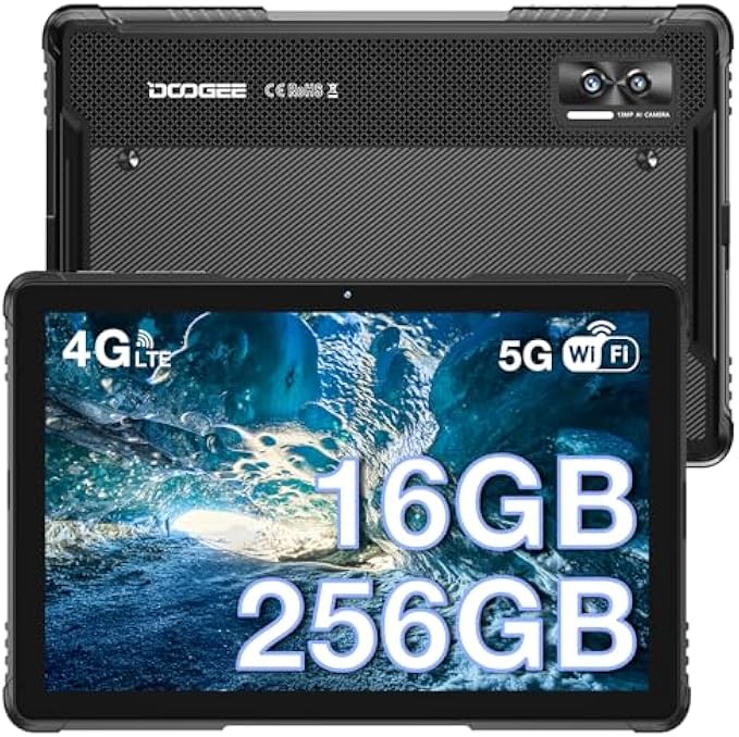 DOOGEE R08 Rugged Tablet 10.1 Inch Tablet, Waterproof Android Tablet with 16GB RAM+256GB ROM/2TB, MT8788 Octa Core, 13MP+5MP Camera, IP68&IP69K/Dual SIM 4G/5G WiFi/OTG/GPS/Widevine L1 (Black)