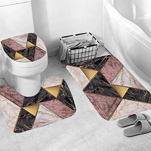 4 Pcs Pink Marble Shower Curtain Sets, Marbled Irregular Triangle Geometric Bathroom Decor, Rug Toilet Lid Cover And Non-Slip U Shape Mat, Waterproof Polyester Shower Curtain With 12 Hooks, 72 X 72 In #TOP6