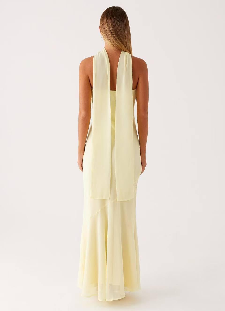 Women's Floral Tube Maxi Dress with Scarf - Y2k Strapless Bodycon Long Dress, Mesh Formal Cocktail Sundress LightYellow S