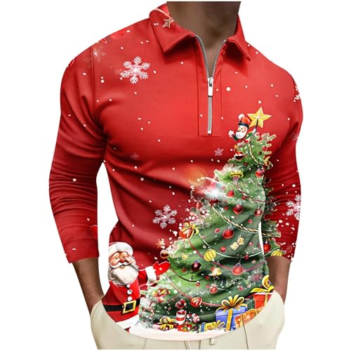 Mens Ugly Christmas Sweatshirt Long Sleeve Polo Shirts Lightweight Quarter Zip Pullover Christmas Graphics Print Shirt
