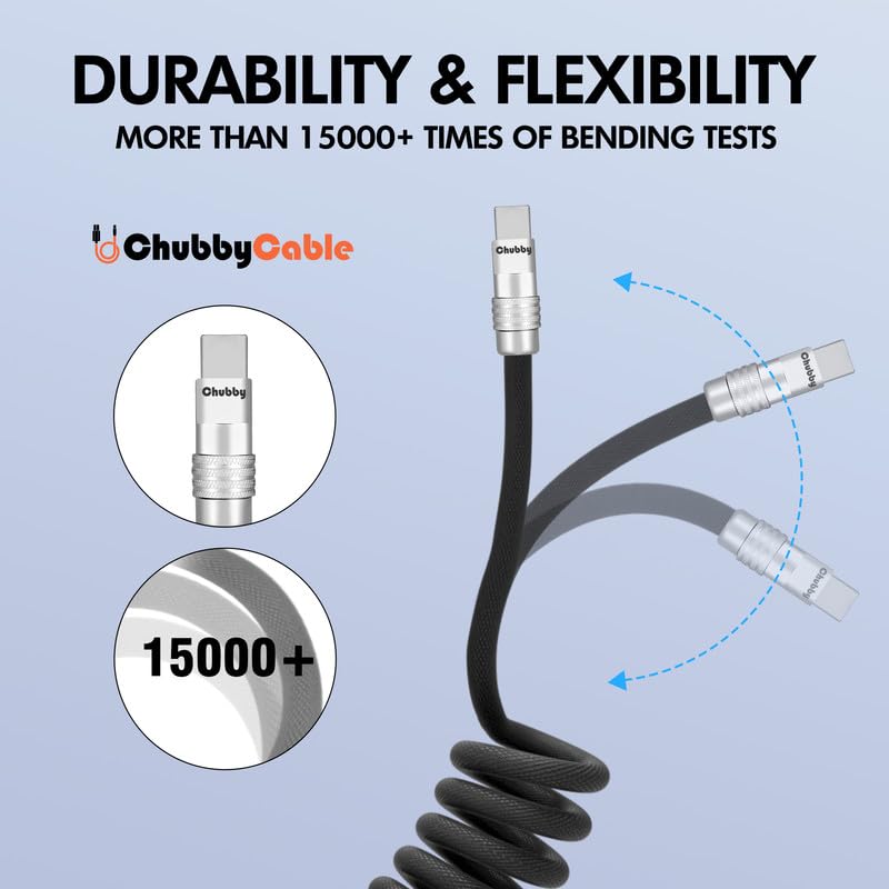 chubbycable Curly Chubby – Retractable Fast Charging Cable 240W Coiled Charger Cord for Car Durable USB-C Cable for Phones, Tablets and More, Dark Blue+Dark Blue, USB-A to Type-C, 1.3FT-2.3FT