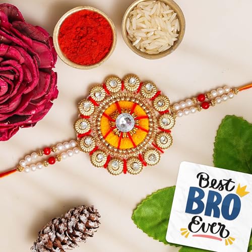 Image of eCraftIndia Orange & Red Kundan Designer Rakhi for Brother with Best Bro Ever Fridge Magnet and Roli Chawal Pack