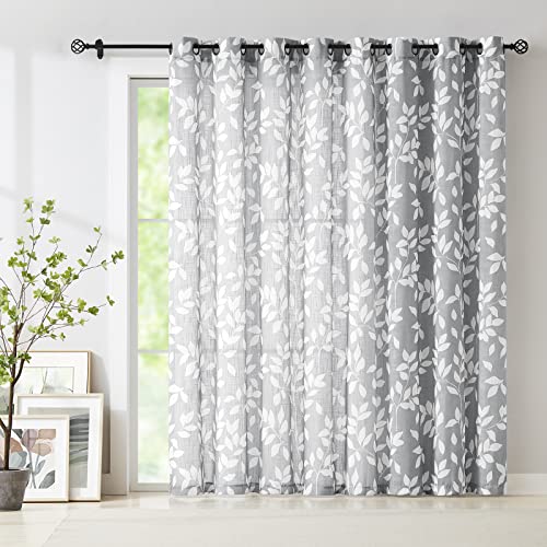 Image of Grey White Sliding Door Curtain 84 inch Length Semi Sheer Leaf Print Curtains for Living Room Bedroom Linen Textured Look Light Filtering Window Curtain Panels Botanical Window Drapes 100 inch w 1pcs