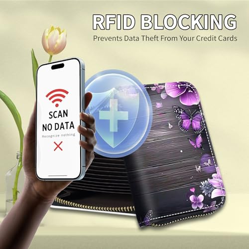 Purple And Pink Flowers Wooden Credit Card Holder for Women with Zipper Small Credit Card Wallet PU Leather RFID Blocking Wallet Card Organizer Wallets Accordion Wallets Gift for Women or Men4