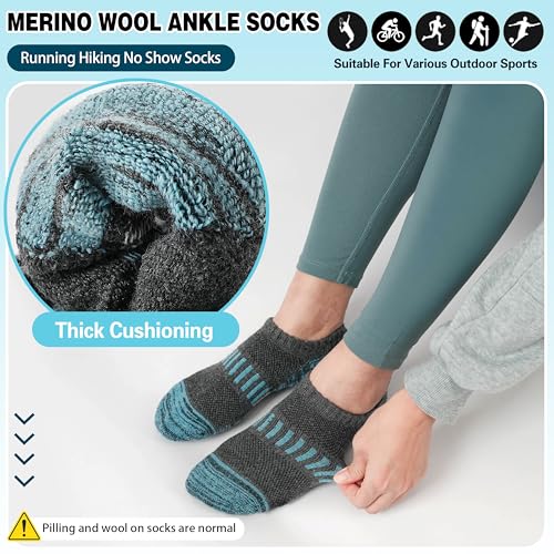 Image of Merino Wool Ankle Athletic Running No Show Socks Cushioned Breathable Sports Warm Thick Socks for Men and Women 6 Pairs