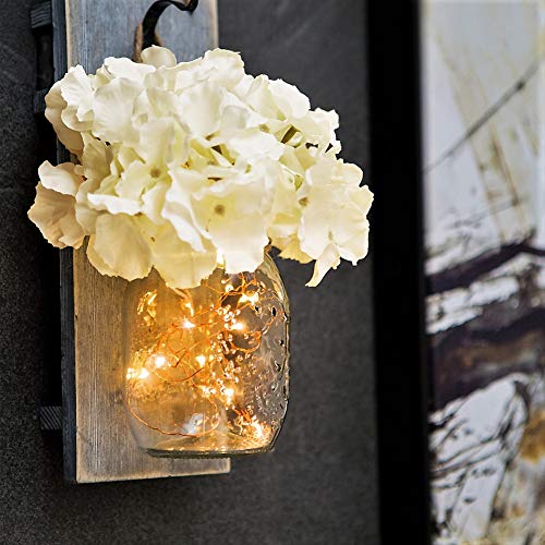 Boarderr Mason Jar Sconce Rustic Home Decor With Fairy Led String Lights And Flowers Farmhouse Chic Hanging Mason Jar Lights Sconces Wall Decor Accents (Set Of 2)-White #TOP1