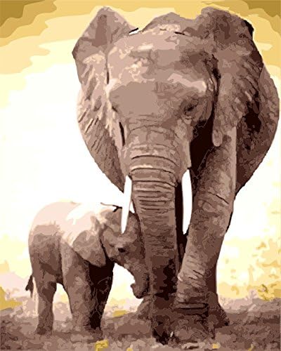 Tonzom Wood Framed Paint by Numbers Kit 16 x 20 inch Canvas DIY Oil Painting for Kids and Adults Beginner with Brushes and Acrylic Paints - Elephant Paternal Love