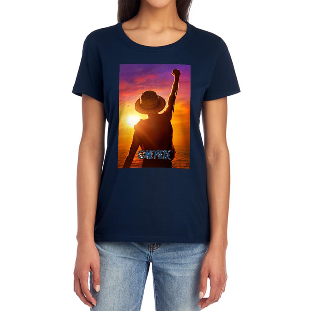One Piece Luffy Sunset Poster Womens T-Shirt, Navy, XX-Large