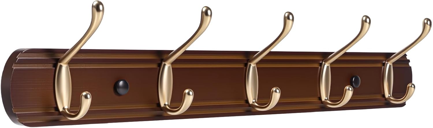 coat rack wall mount, bamboo coat hanger with 5 metal pink gold hooks for hanging clothes, towels, keys, hats, bags(brown) brown&gold 5 hooks