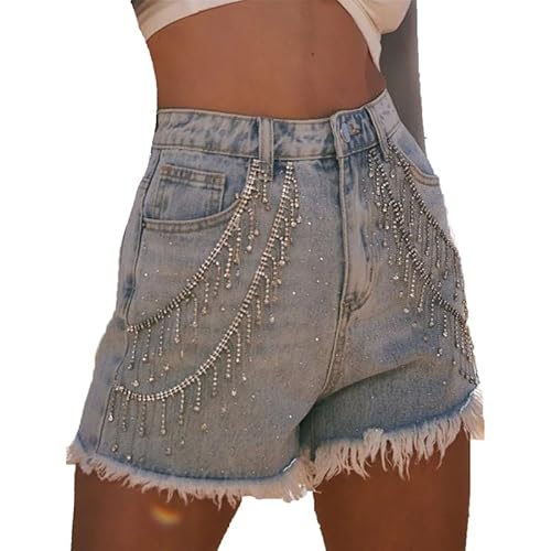 MANYMANY Pantaloncini di Jeans con Orlo Grezzo e Catena di