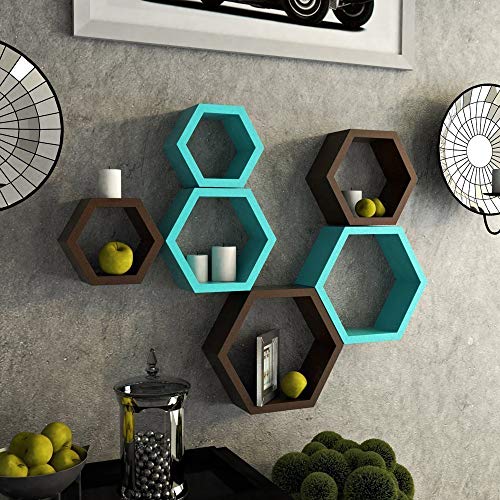 Image of BAS Engineered Wood Decorative Display With Hexagon Shape Set Of 6 Floating Wall Shelves And Racks For Living Room (Brown & Blue)