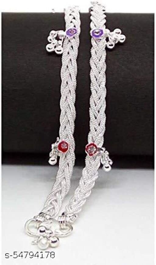 Image of Indian Traditional White Metal Anklets Payal Pair for Women Girls with Attached Ghungroo - Fashion Designer Barefoot Foot Imitation Jewellery