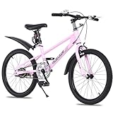 OOFAYJIA 20/24-Inch Kids Mountain Bike for Boys and Girls Aged 7-12, Single-Speed Kids Bicycle with V-Brakes, Kickstand, Adjustable Seat and Anti-Slip Tyres, Multiple Colours (Pink, 20 Inch)