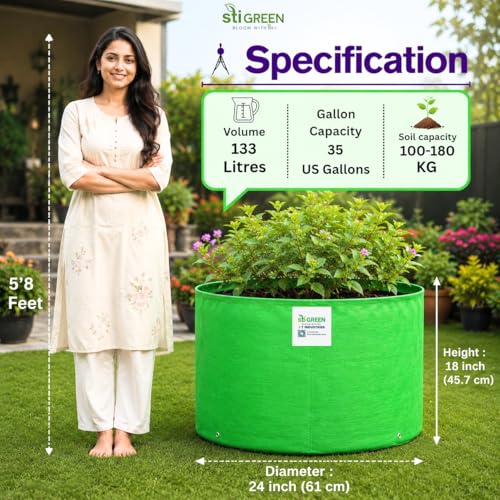 Image of HDPE Grow Bags for Plants 24X18 Inch (Pack of 6) | 260 GSM Heavy Duty UV-Protected Round Green Colour Plant Bags for Terrace and Vegetable Gardening | Strong & Reusable|