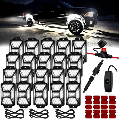 20 Pods Pure White LED Rock Lights Kit with Switch Wiring Harness,6500K 540 LEDs Bright Rock Lights...