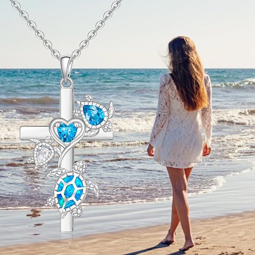 Turtle Necklace for Women Sterling Silver Blue Opal Sea Turtle Necklace Cross Mother Daughter Pendant Jewelry Charm Mothers Day Gifts3