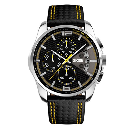 Preisvergleich Produktbild Herrenuhren Chronograph Multifunktional Stoppuhr Kalender Analog Armbanduhren für Herren Polyurethan Leder Sport, Gelb