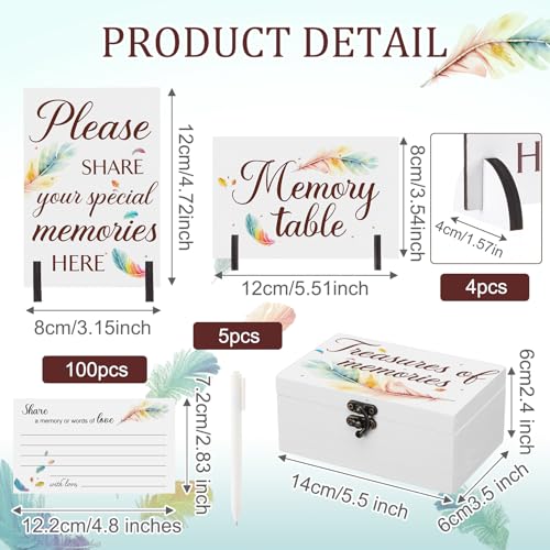 Image of Gilprop 112 Pcs Celebration of Life Memory Cards Set Share a Memory Cards with Box 2 Wood Sign with 4 Hold and 5 Pens, Sympathy Memorial Gifts Funeral Keepsake Decorations(Feather)
