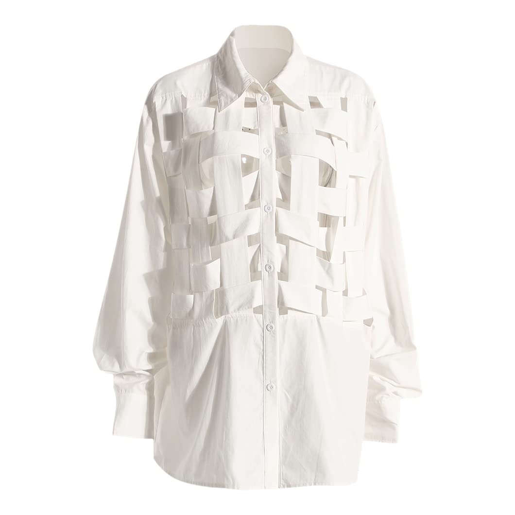 Koszule damskie Letnie Hollow Out Bawełniana Solidna Bluzka Odwijany Kołnierz Luźne Codzienne Topy Damskie, biały, S