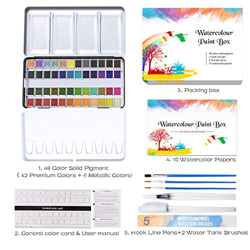 RATEL Aquarellfarben-Set, Aquarellkasten -- 48 feste Farbpigmente + 1 hochwertiger Pinsel + 20 Blätter + 2 Aquarellstifte, wasserlösliches und leicht zu mischendes Aquarellfarben-Set – Bild 3