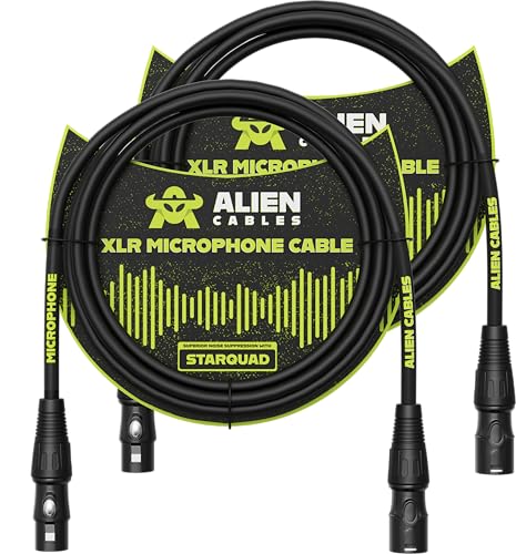 Alien Cables 2-Pack Premium XLR Microphone Cables, Star-Quad Shielded XLR to XLR Cable 6 Foot, Pro Audio Mic Cord, Noise-Resistant OFC Conductors, Black