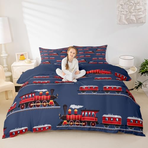 Juego de ropa de cama vintage de tren, tamaño doble, juego de funda de edredón de tren rojo, 3 piezas, decoración de habitación de niños, niñas y adultos, funda de edredón moderna con diseño de