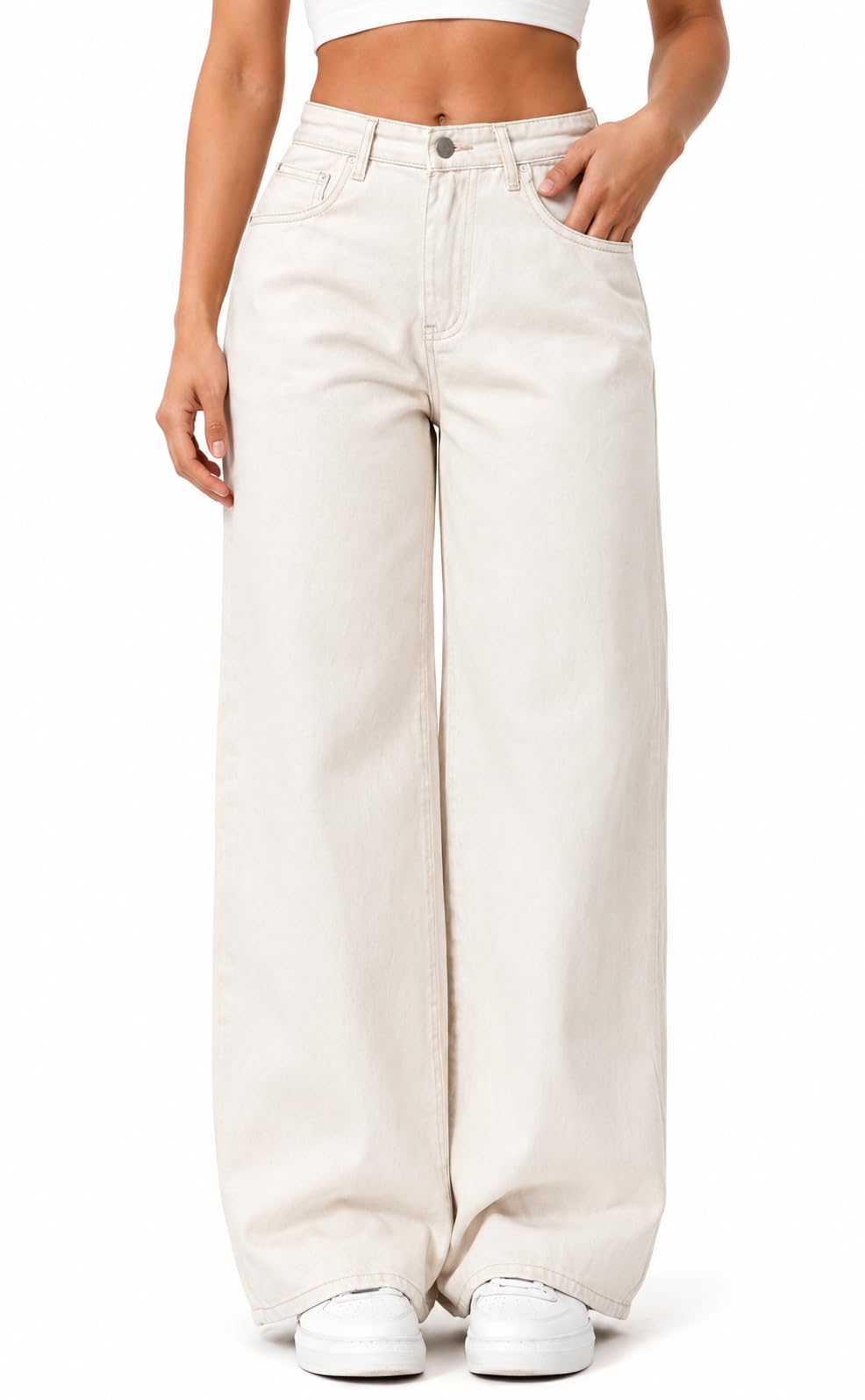 Women's High Waist Wide Leg White Denim Jeans-image-10