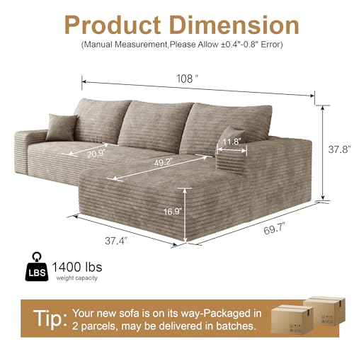 AUGOP 108" Sectional Couches for Living Room Modern Modular Sofa with L-Shape Couchs Upholstered Boneless Couch Deep Seat Sectional Couch with Chaise (Camel, Right Facing Chaise+2Seaters) - Image 2