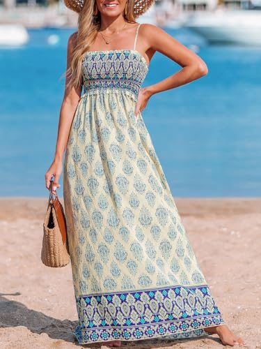 Image of CUPSHE Women Spaghetti Straps Boho Maxi Dress Summer Sleeveless Smocked Floral Beach Long Dress Flowy Cruise Vacation Outfits