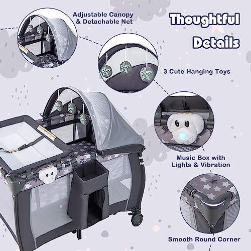 Honey Joy Pack And Play, 4-In-1 Foldable Nursery Center With Full-Size Infant Bassinet & Diaper Changer, Portable Toddler Crib W/Mattress & Net, Music Box, Toys, Baby Playard W/Carry Bag, Gray #TOP5