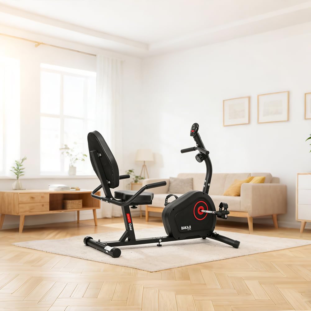 BAKAJI Cyclette Orizzontale da Casa con Schienale e Seduta Ergonomica per Esercizi Fitness, Bici da Seduta per Home Gym Palestra Allenamento Cardio, Bicicletta per Esercizi con 8 Livelli di Resistenza