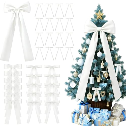 GZIXBDA 36Pcs White Satin Christmas Bows Christmas Tree Topper Bow Door Garland Decorations Home Party Wedding Car Gift Cake Holiday Decor Supplies