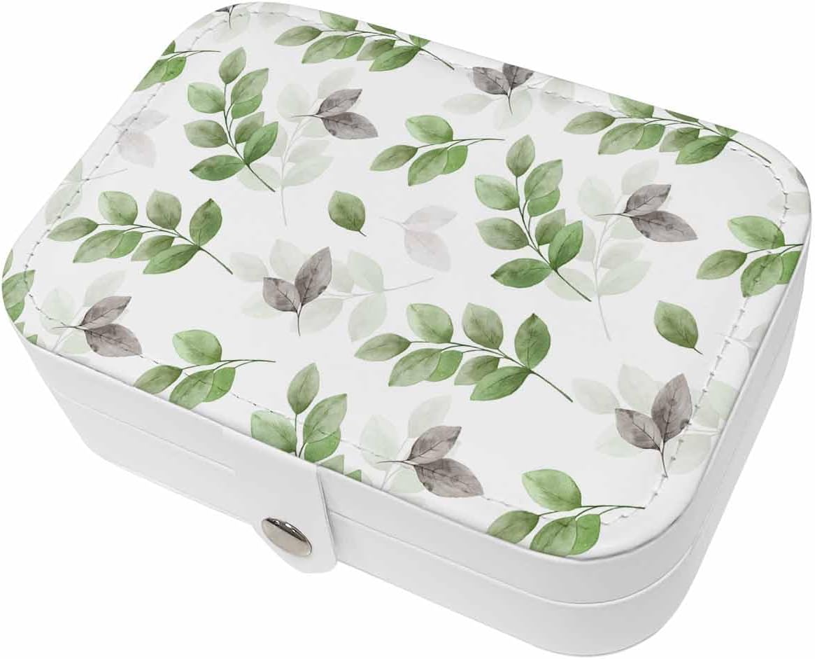 Travel Jewelry Case, Eucalyptus Leaves Grey Spring Green Watercolor PU Leather Organizer Box Portable Small Storage Decorative Cases for Ring Necklace Earring Gift for Girl Women